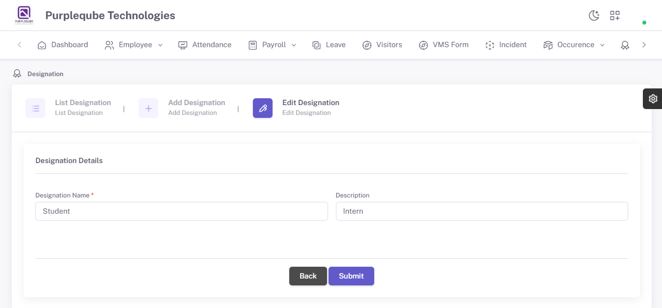 Edit Designation form with pre-filled designation details